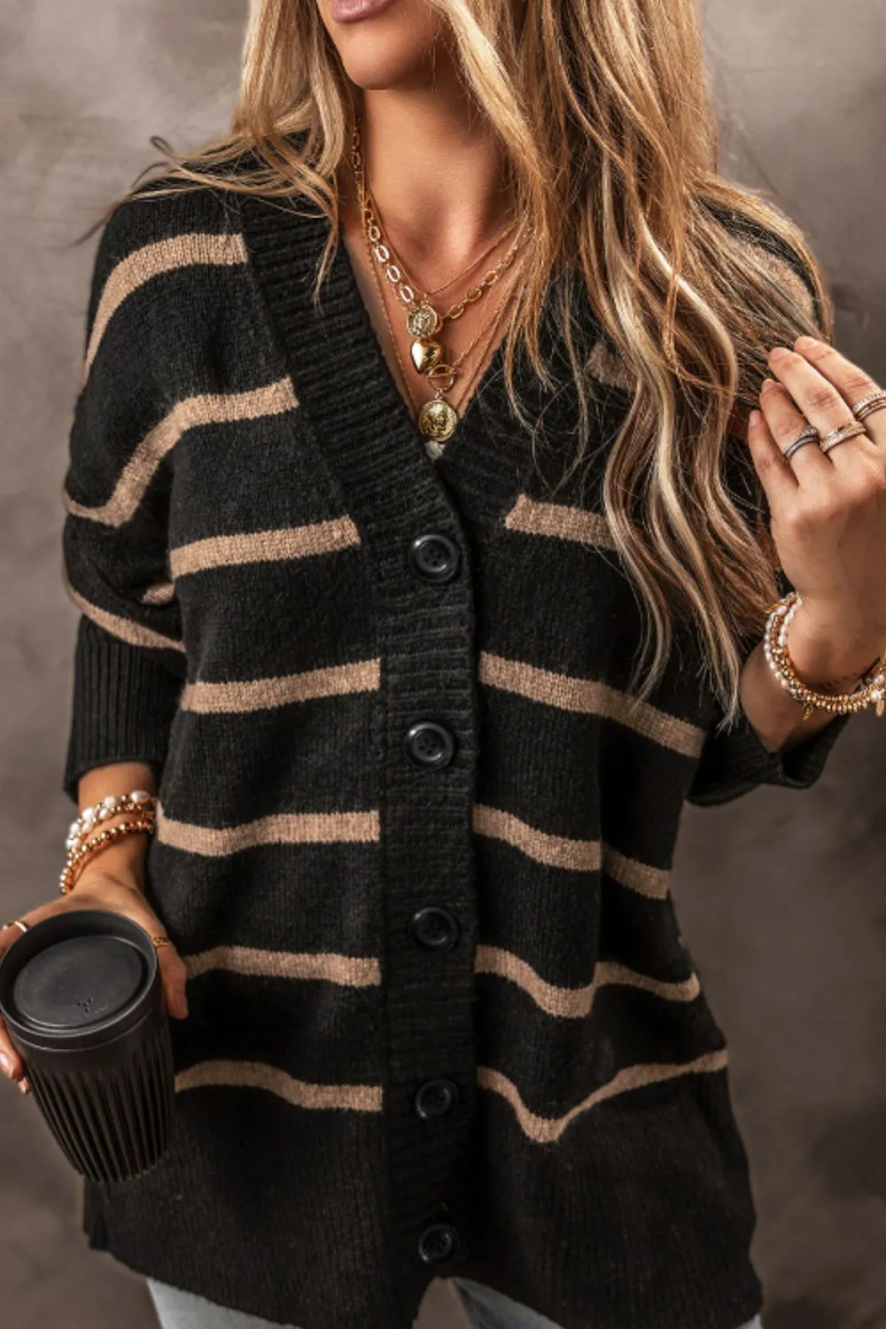 Hazel Blues® |  Striped Button Down Long Sleeve Cardigan