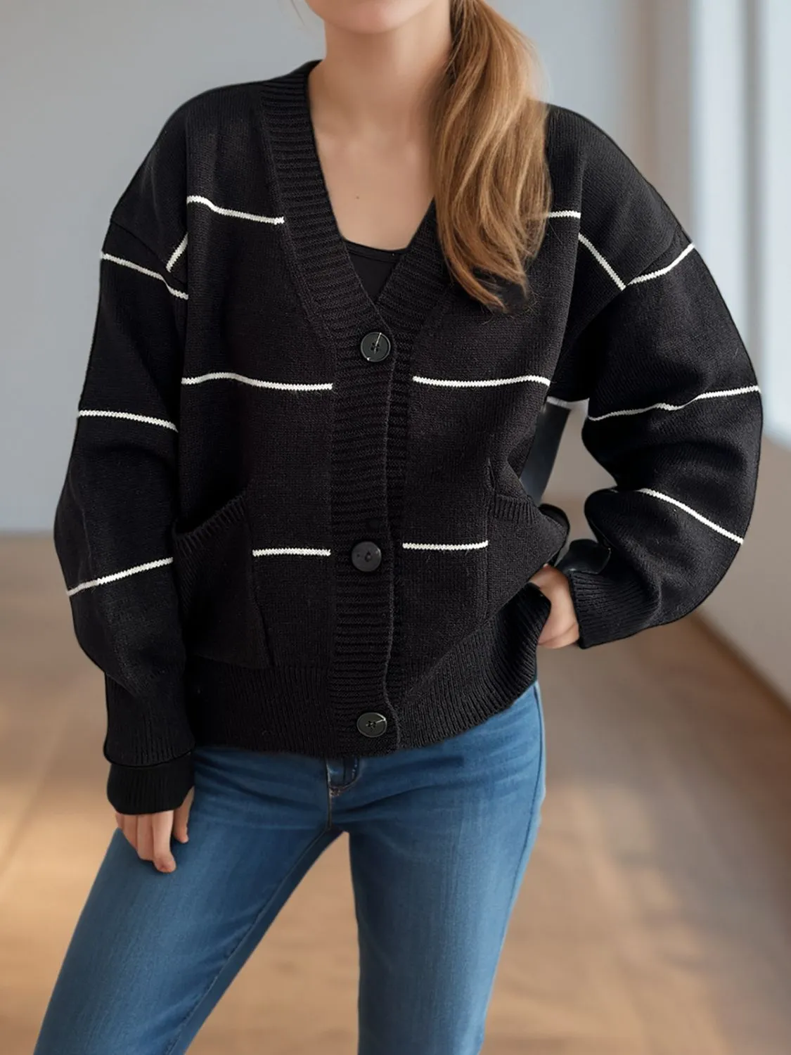 Hazel Blues® |  Striped Button Down V-Neck Long Sleeve Cardigan
