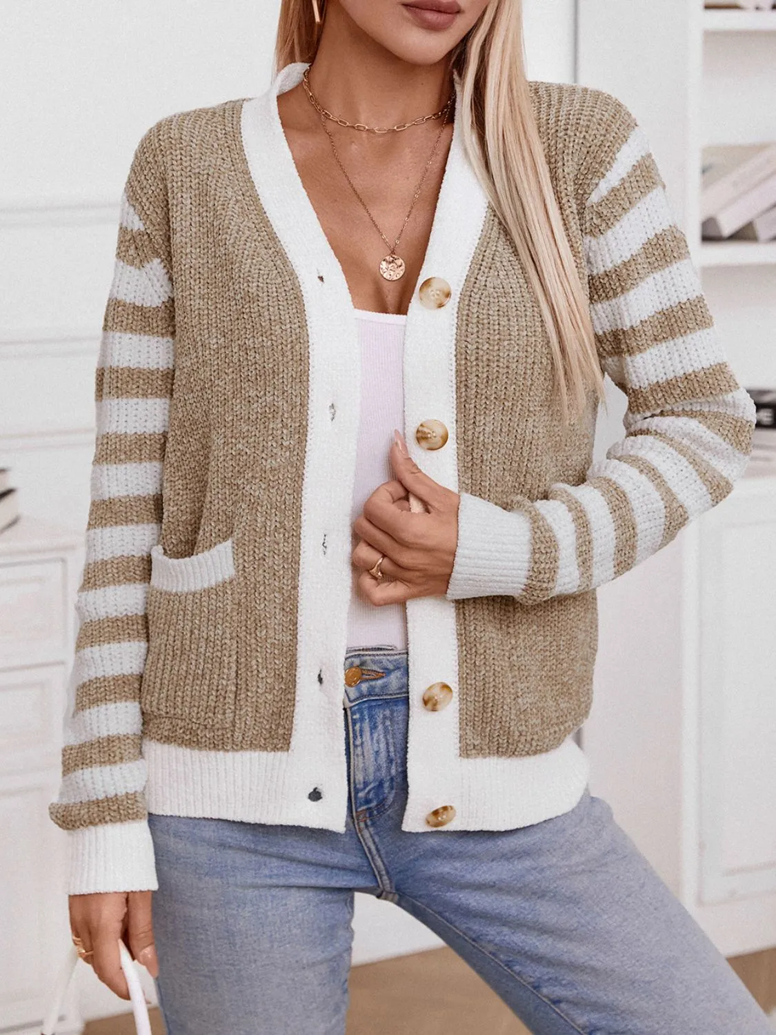 Hazel Blues® |  Striped Button Up Long Sleeve Cardigan