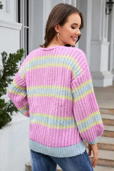 Hazel Blues® |  Striped Lantern Sleeve Dropped Shoulder Cardigan