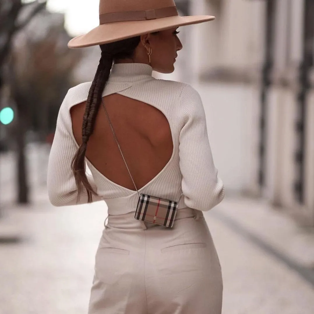 High Collar Bow Knot Backless Knit Sweaters Apricot