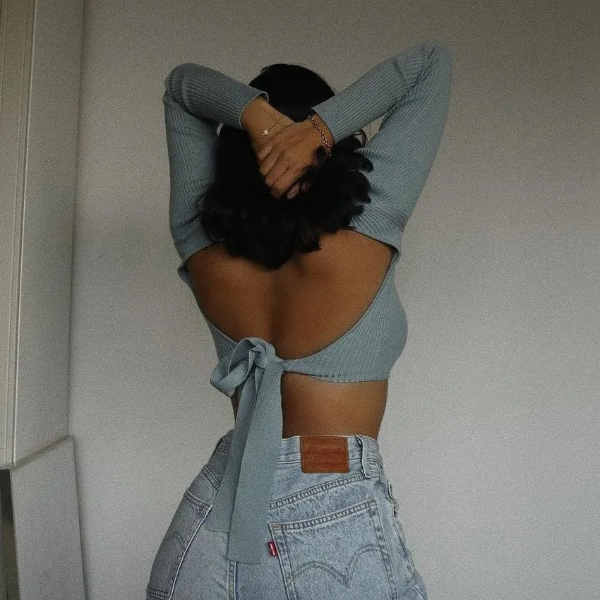 High Collar Bow Knot Backless Knit Sweaters Apricot