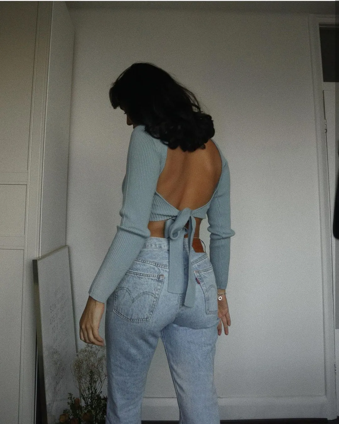 High Collar Bow Knot Backless Knit Sweaters Apricot