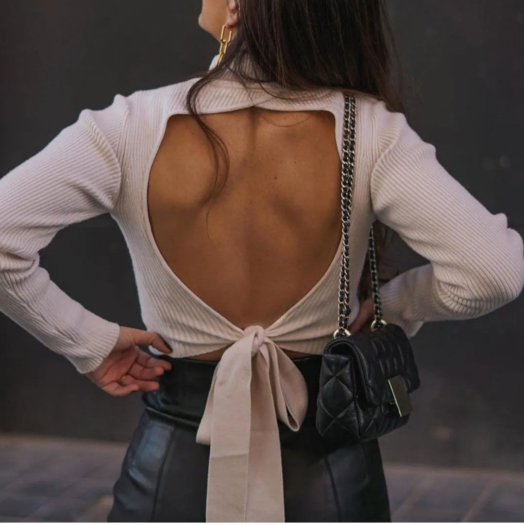 High Collar Bow Knot Backless Knit Sweaters Apricot