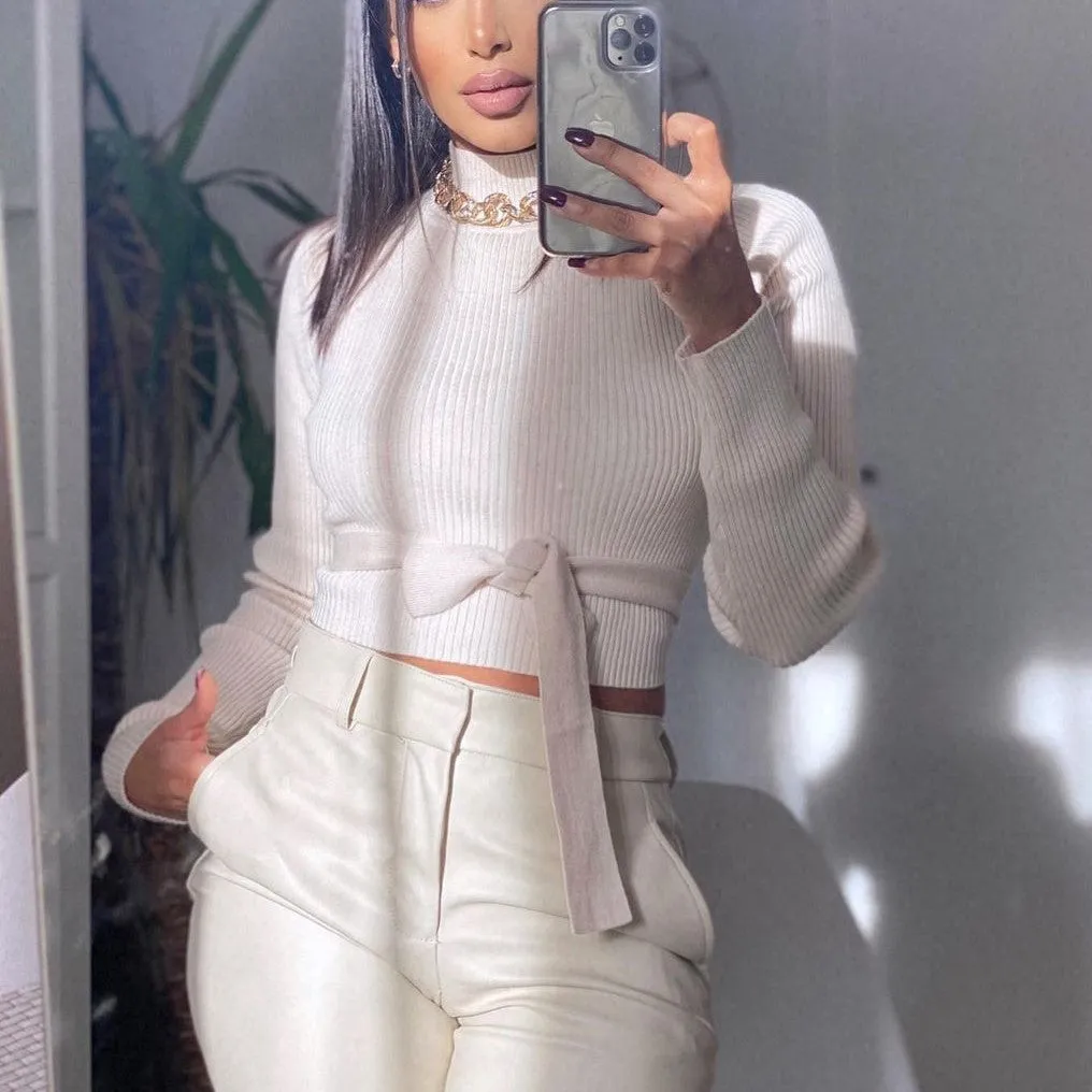 High Collar Bow Knot Backless Knit Sweaters Apricot