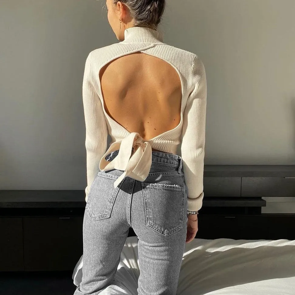 High Collar Bow Knot Backless Knit Sweaters Apricot
