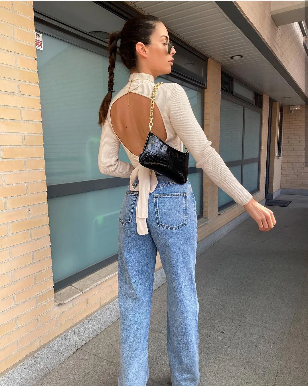 High Collar Bow Knot Backless Knit Sweaters Apricot