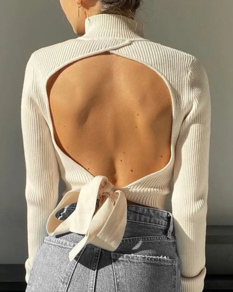 High Collar Bow Knot Backless Knit Sweaters Apricot