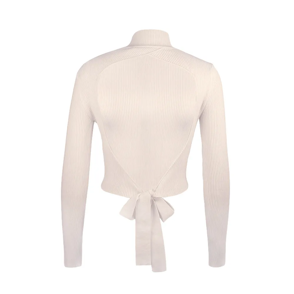 High Collar Bow Knot Backless Knit Sweaters Apricot