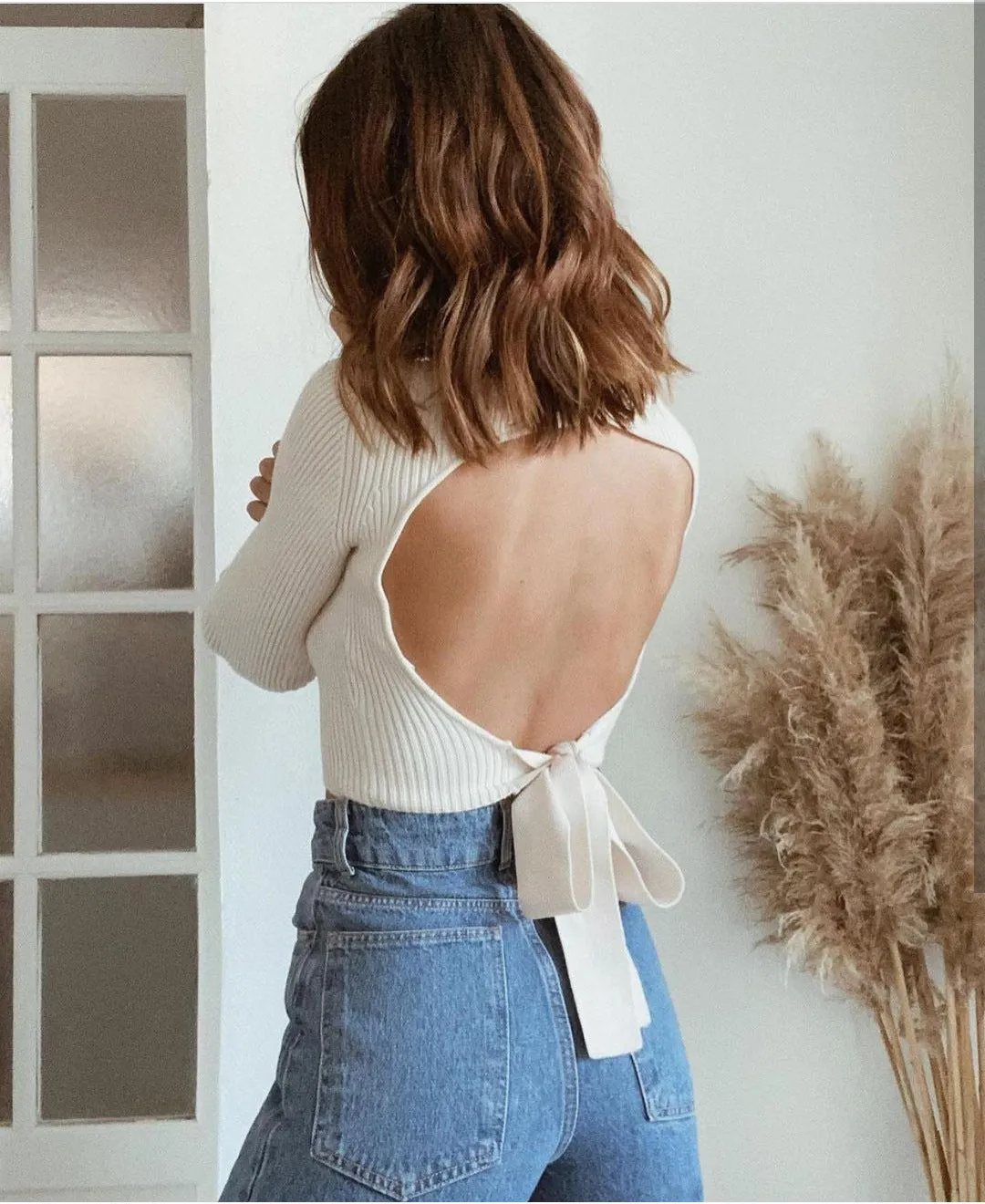 High Collar Bow Knot Backless Knit Sweaters Apricot