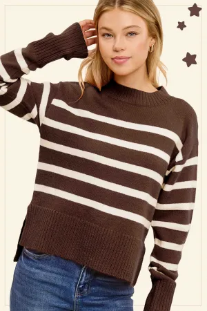 Holloway Striped Mock neck Loose Fit Sweater - Mocha