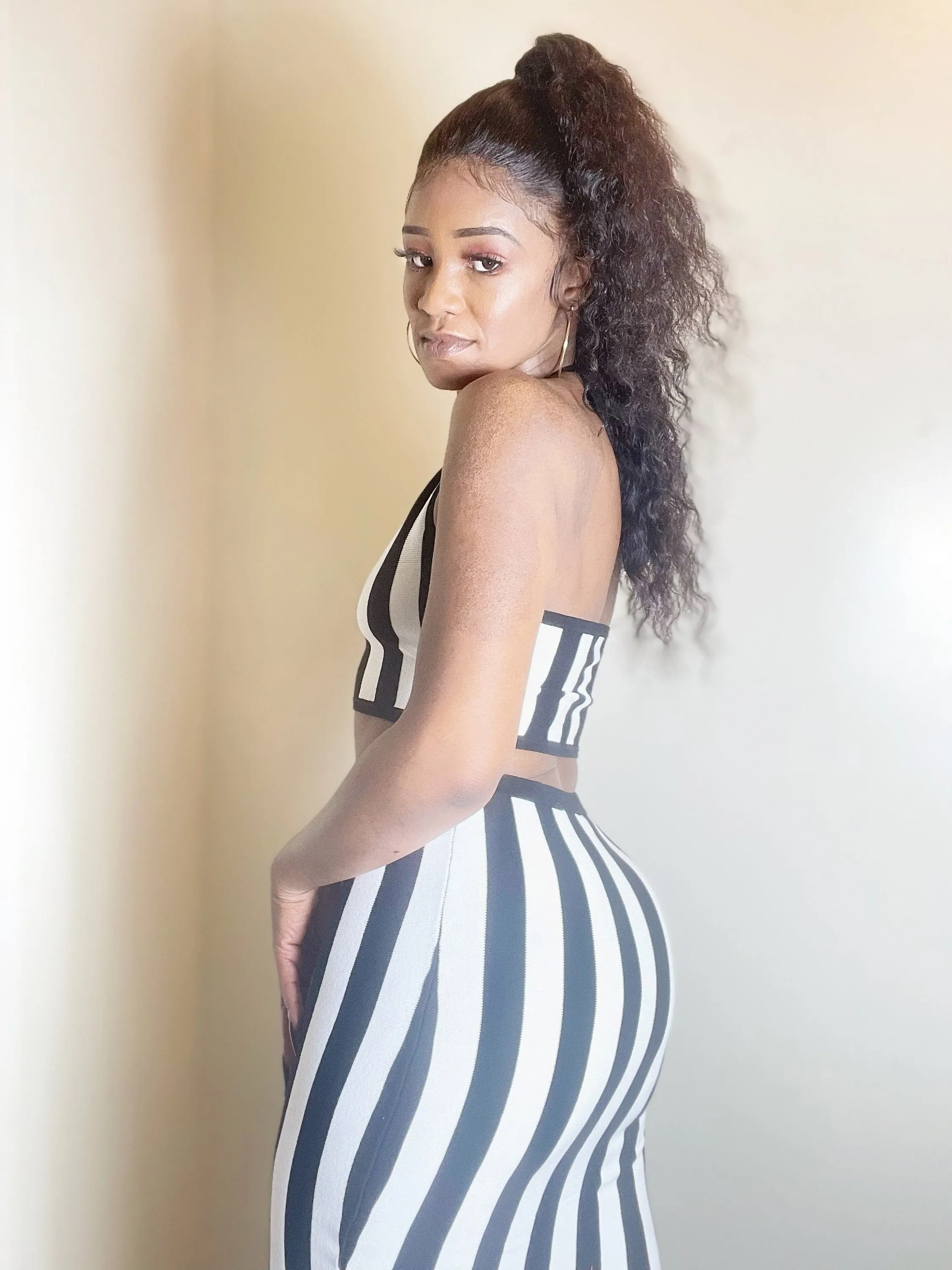 I CALL THE SHOTS 2 Piece Black and White Halter Top Skirt Set