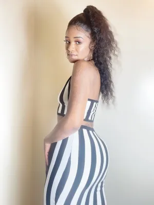 I CALL THE SHOTS 2 Piece Black and White Halter Top Skirt Set