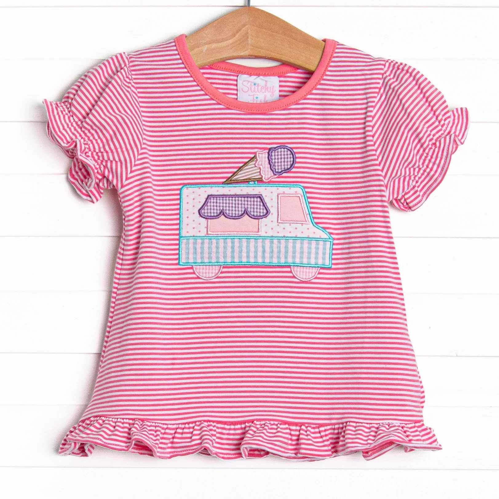 Ice Cream Truck Treat Applique Ruffle Top, Pink