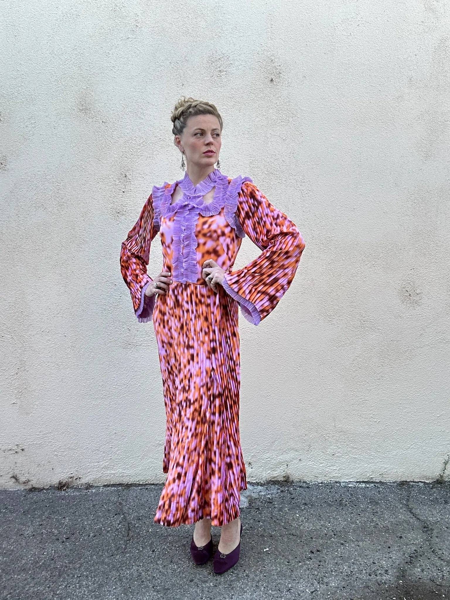 Inshade Orange and Purple Pleated Ruffly Dress