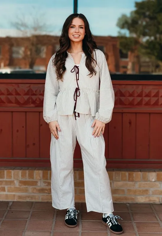 Ivory Striped Front Tie Top T2393