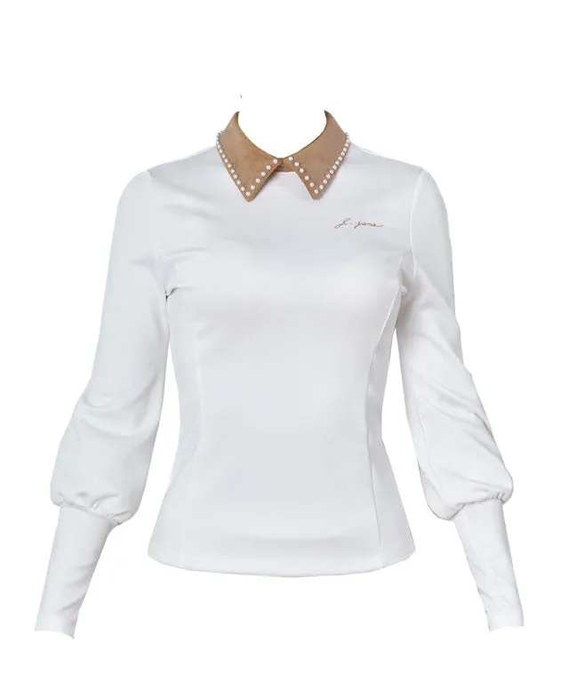 J.Jane Suede Pearl Collar T-Shirts (Beige)
