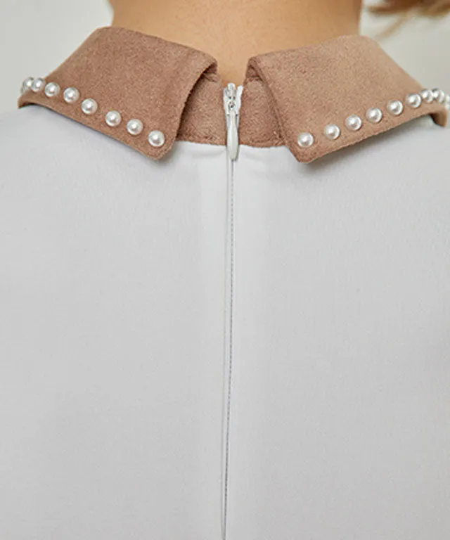 J.Jane Suede Pearl Collar T-Shirts (Beige)