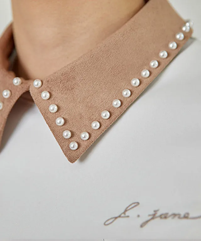 J.Jane Suede Pearl Collar T-Shirts (Beige)