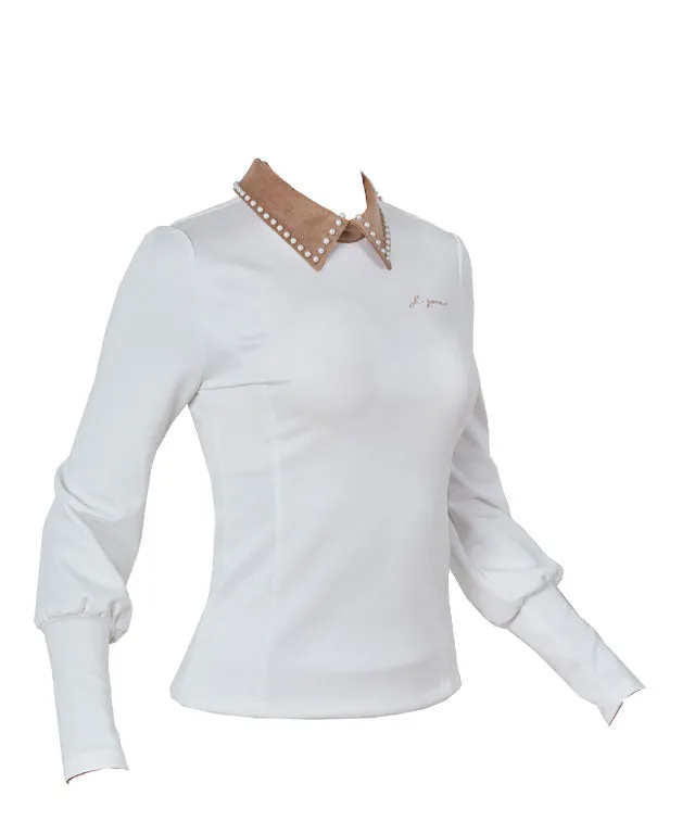 J.Jane Suede Pearl Collar T-Shirts (Beige)