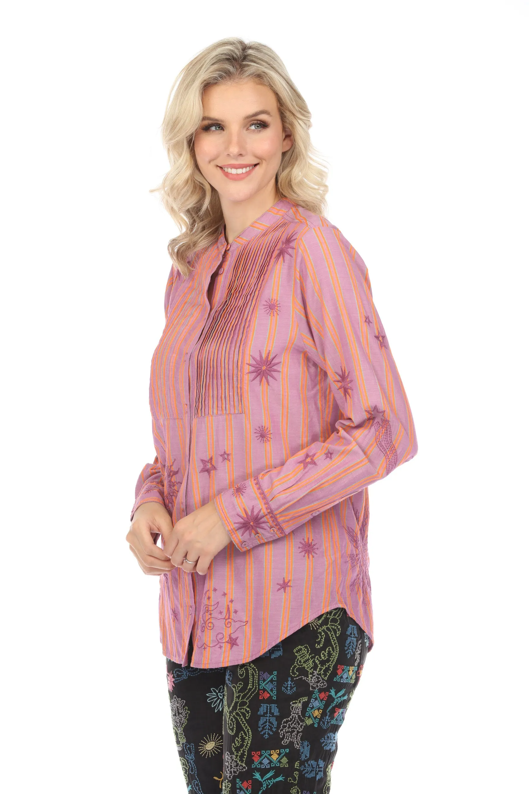 Johnny Was Workshop Stripe Andromeda Tuxedo Shirt Boho Chic W17524
