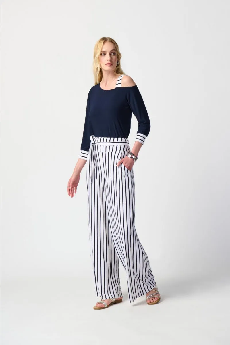 Joseph Ribkoff Midnight Blue/Vanilla Striped Asymmetric Cold-Shoulder Top 241168