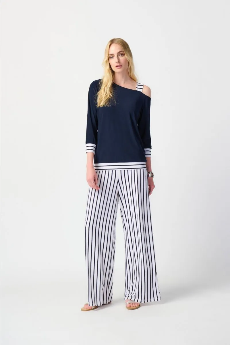 Joseph Ribkoff Midnight Blue/Vanilla Striped Asymmetric Cold-Shoulder Top 241168