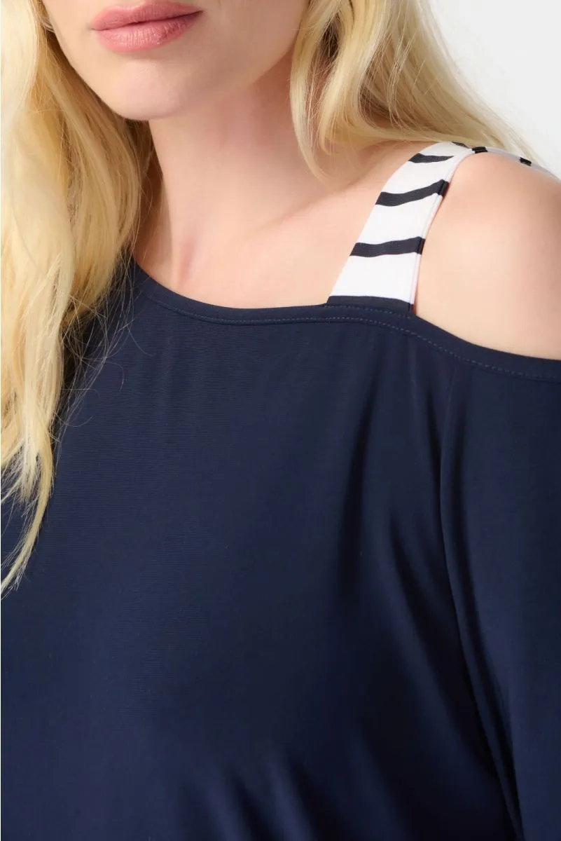 Joseph Ribkoff Midnight Blue/Vanilla Striped Asymmetric Cold-Shoulder Top 241168