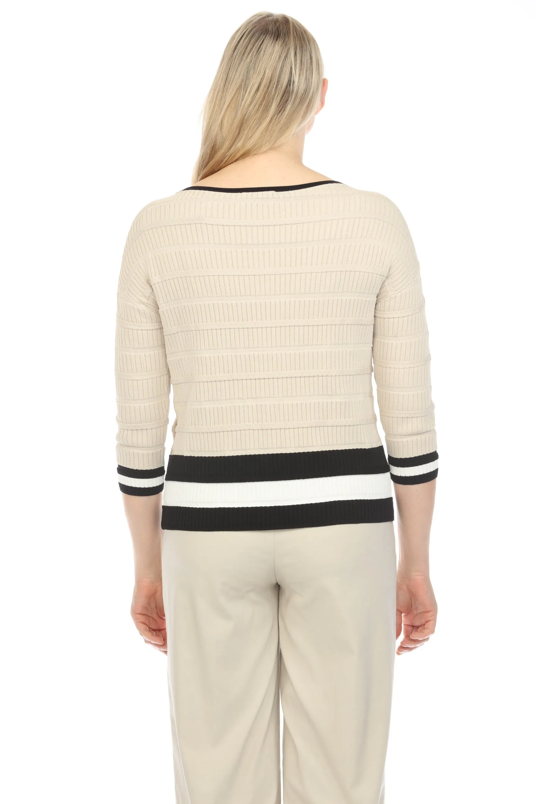 Joseph Ribkoff Moonstone/Vanilla/Black Striped Knit Sweater Top 241924