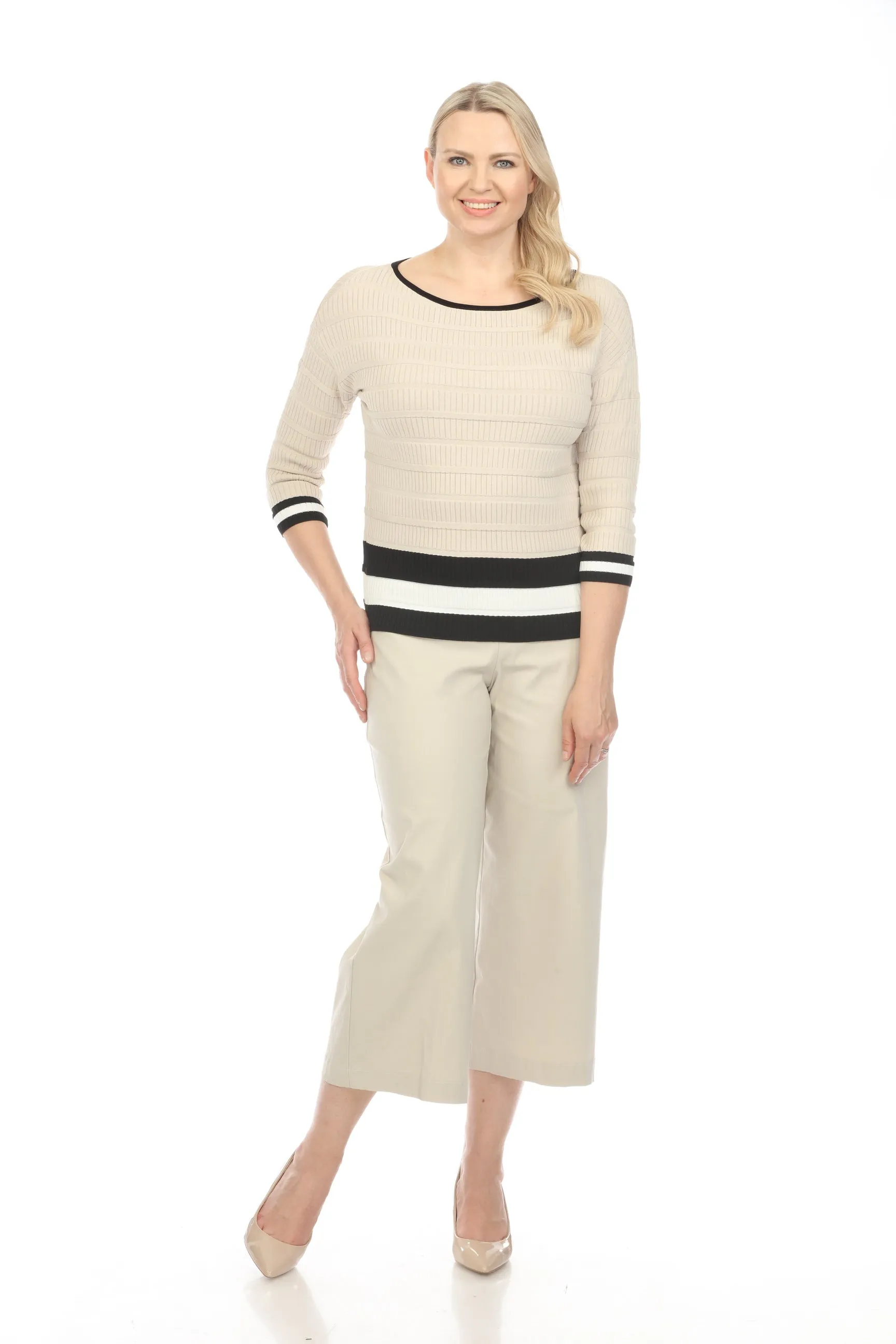 Joseph Ribkoff Moonstone/Vanilla/Black Striped Knit Sweater Top 241924