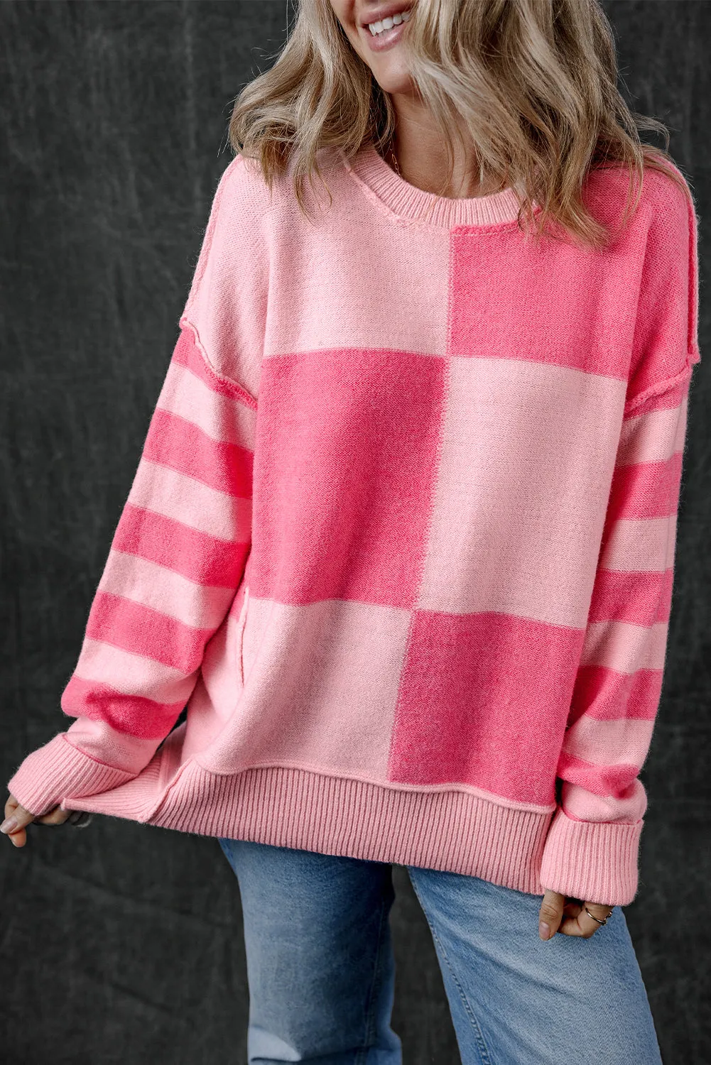KaleaBoutique Checkered Colorblock Striped High Low Loose Sweater