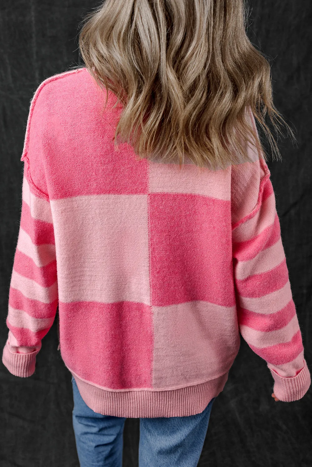 KaleaBoutique Checkered Colorblock Striped High Low Loose Sweater