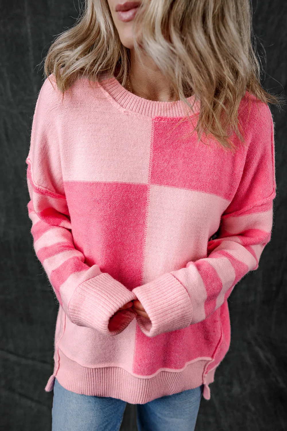 KaleaBoutique Checkered Colorblock Striped High Low Loose Sweater
