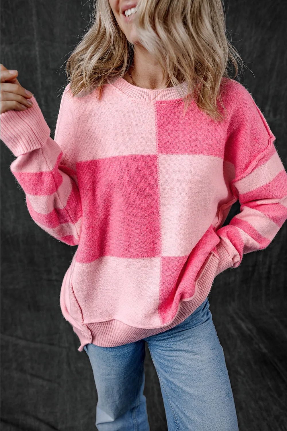 KaleaBoutique Checkered Colorblock Striped High Low Loose Sweater