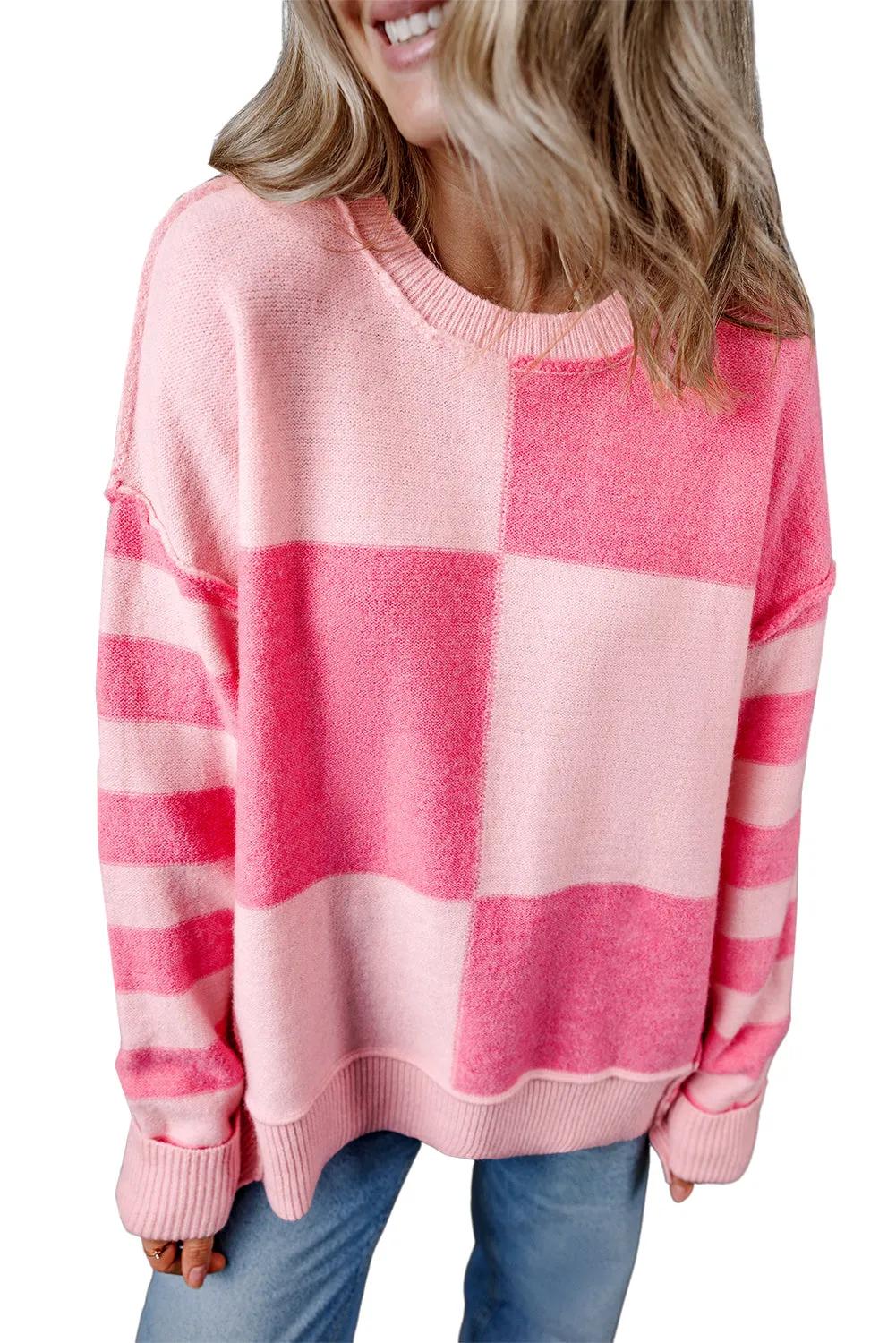 KaleaBoutique Checkered Colorblock Striped High Low Loose Sweater