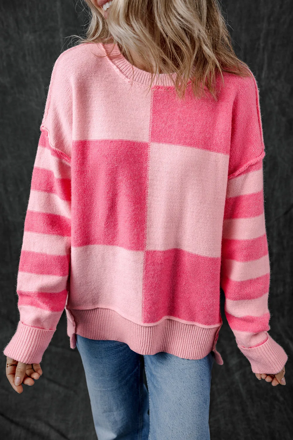 KaleaBoutique Checkered Colorblock Striped High Low Loose Sweater