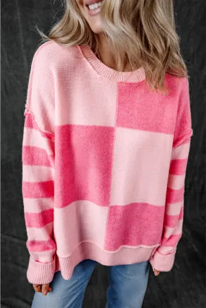 KaleaBoutique Checkered Colorblock Striped High Low Loose Sweater