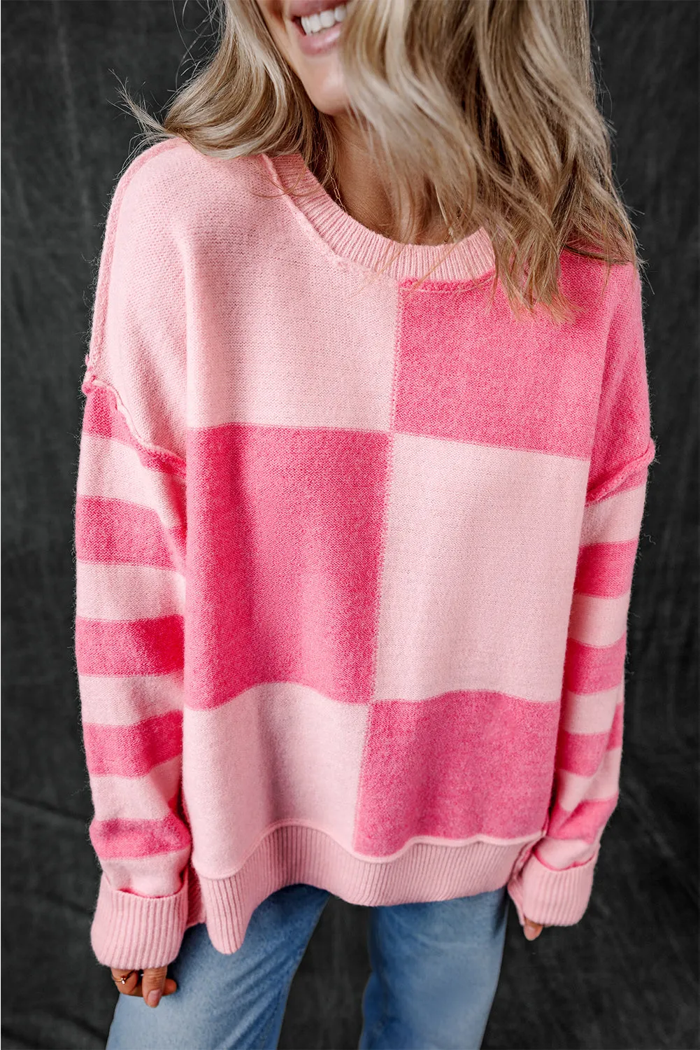 KaleaBoutique Checkered Colorblock Striped High Low Loose Sweater