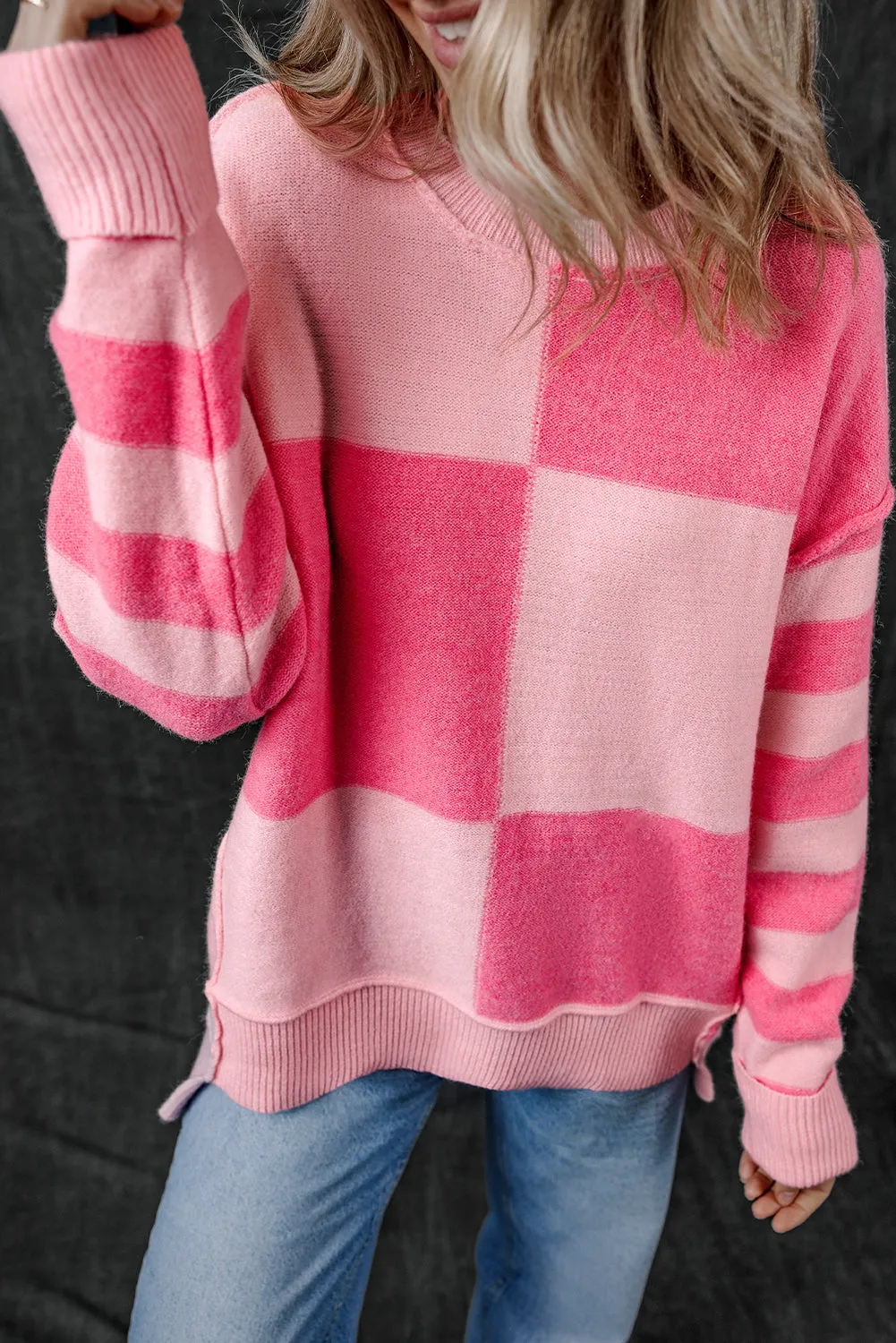 KaleaBoutique Checkered Colorblock Striped High Low Loose Sweater