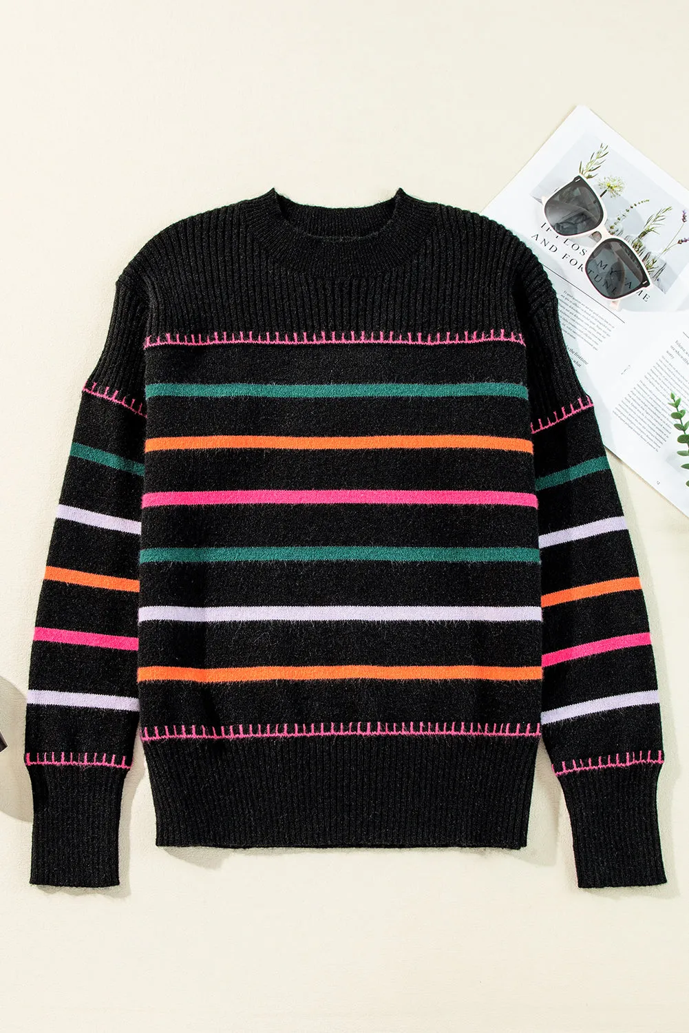 KaleaBoutique Colorful Striped Ribbed Trim Sweater