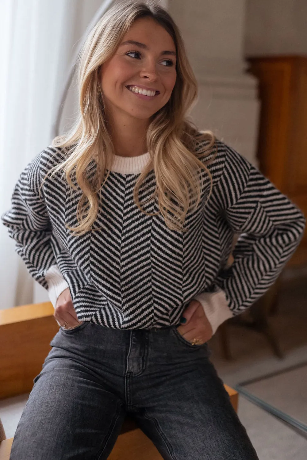 KaleaBoutique Contrast Edge Crew Neck Drop Shoulder Sweater