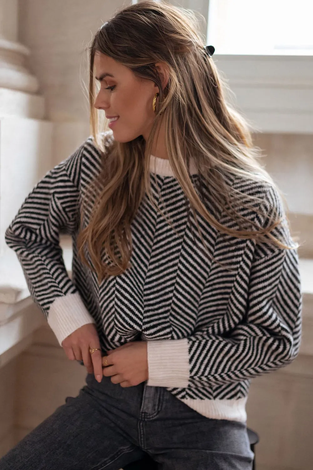 KaleaBoutique Contrast Edge Crew Neck Drop Shoulder Sweater