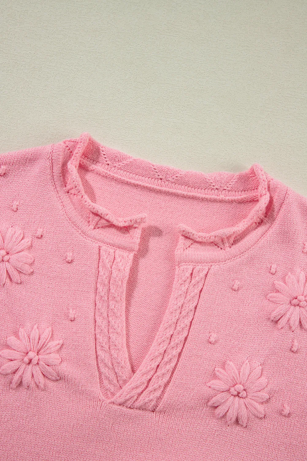 KaleaBoutique Flower Detail Knitted Notched Neck Sweater