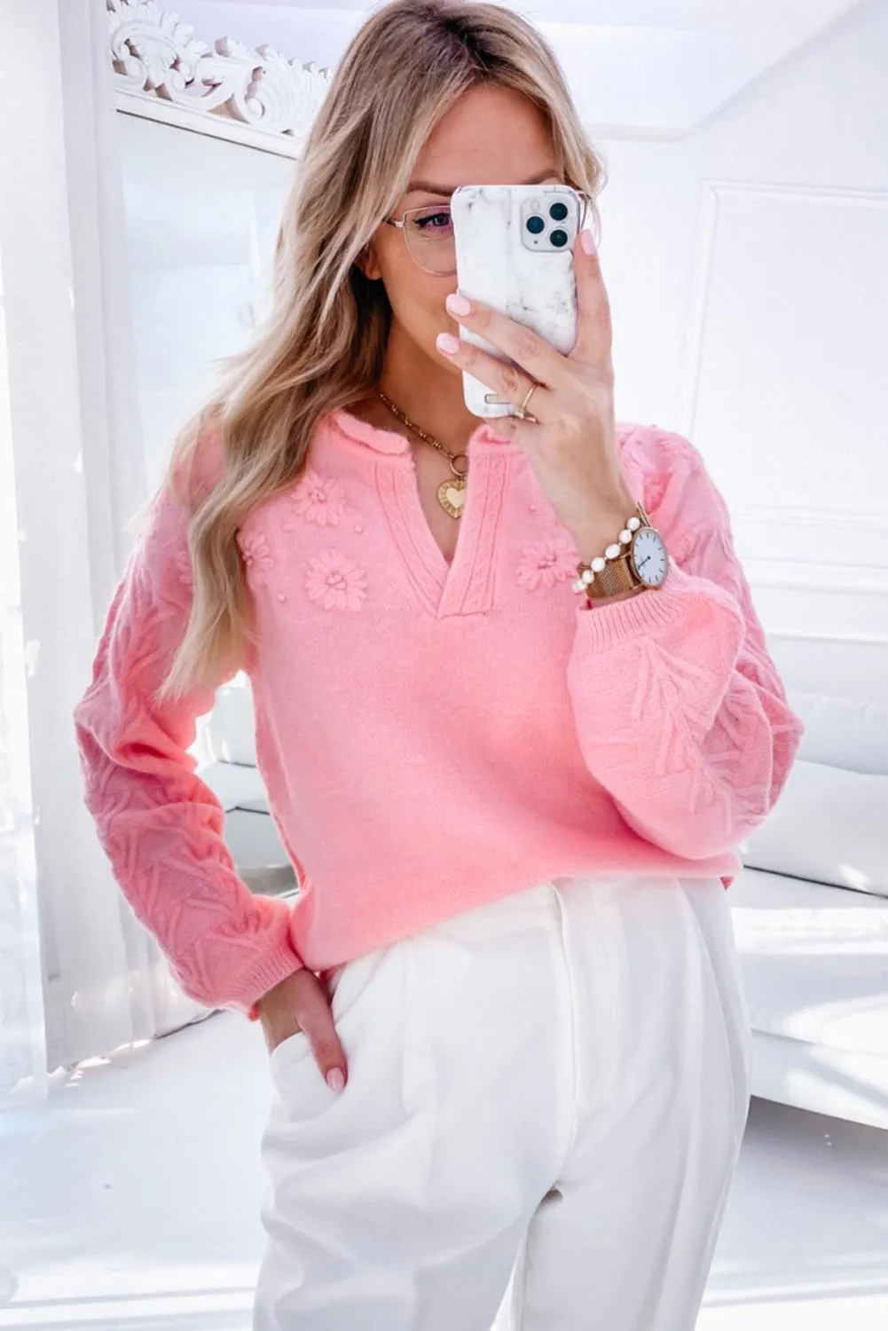 KaleaBoutique Flower Detail Knitted Notched Neck Sweater