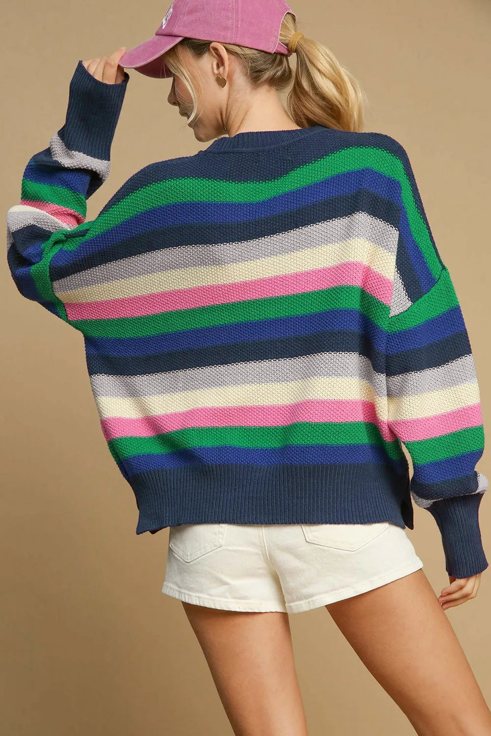 KaleaBoutique Rainbow Striped Crew Neck Drop Shoulder Sweater