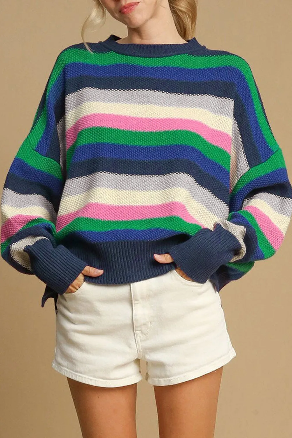 KaleaBoutique Rainbow Striped Crew Neck Drop Shoulder Sweater