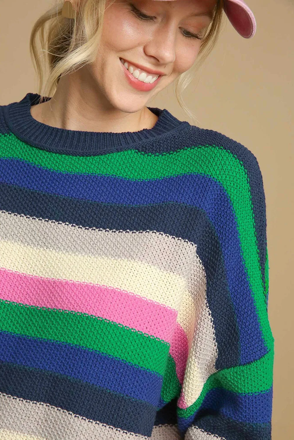 KaleaBoutique Rainbow Striped Crew Neck Drop Shoulder Sweater