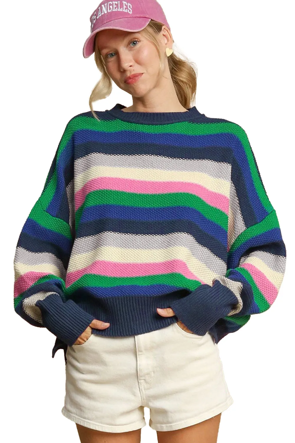 KaleaBoutique Rainbow Striped Crew Neck Drop Shoulder Sweater
