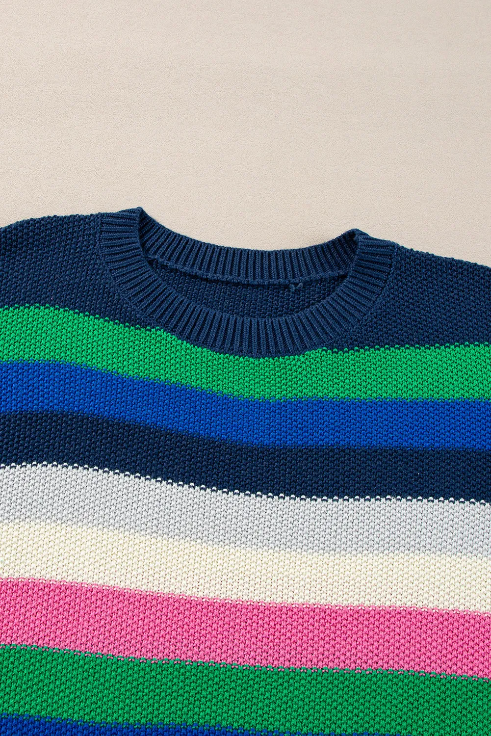 KaleaBoutique Rainbow Striped Crew Neck Drop Shoulder Sweater