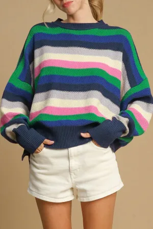 KaleaBoutique Rainbow Striped Crew Neck Drop Shoulder Sweater